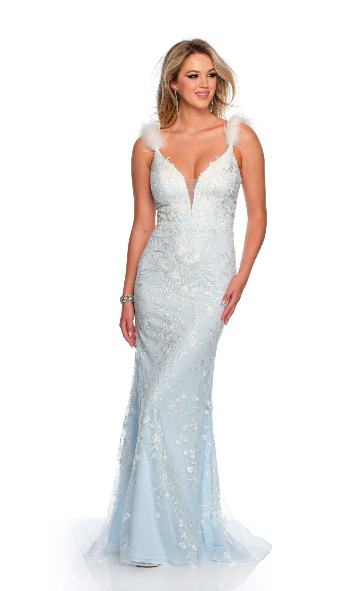 A woman models the Long Formal Dress 11459 by Dave and Johnny—a pastel blue fitted gown with white floral embroidery and feathered shoulders—against a white background, highlighting the dress's elegant lace detailing.
